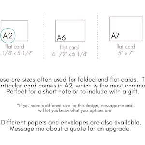 May include: Diagram showing three different sizes of flat cards, labeled A2, A6, and A7. The A2 card measures 4 1/4 inches by 5 1/2 inches, the A6 card measures 4 1/2 inches by 6 1/4 inches, and the A7 card measures 5 inches by 7 inches.