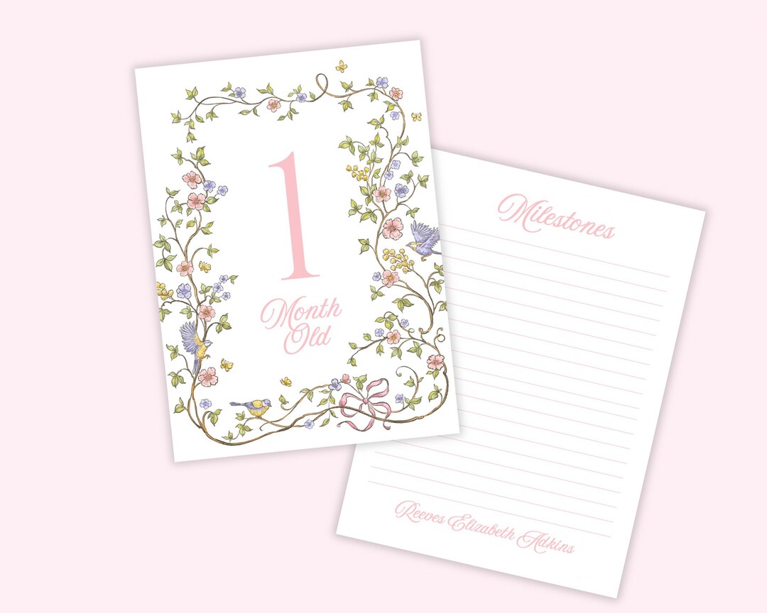 Baby Milestone Cards Personalized Pink Floral With Ribbons Birds and ...