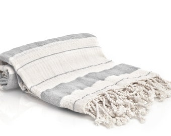 100% Cotton Bold Striped Turkish Towel - Fouta - Pestemal Towel - Gray