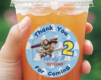 Two Infinity Birthday custom water resistant  stickers, (set of 12) for Toy Story Birthday Party, Favors, Woody, Buzz, Thank You
