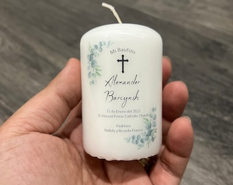 Personalized Baptism Candle, Boy, Girl Christening, Vela Para Bautizo, Communion, Reconciliation, Eucalyptus, 2” x 3”