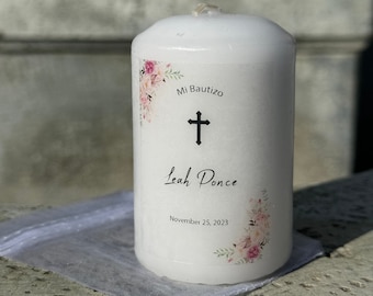 Personalized Baptism Candle, Girl Christening, Vela Para Bautizo, Communion, Reconciliation, Pink Flowers, 2” x 3”