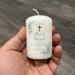 Vela de Batismo Personalizada, Menino, Batismo de Menina, Vela Para Bautizo, Comunhão, Reconciliação, Eucalipto, 2” x 3”