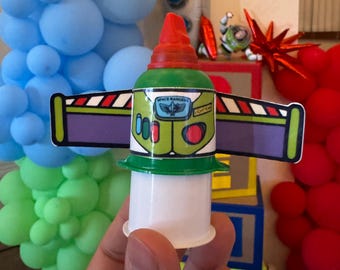 Toy Story Custom Buzz Lightyear Pelon Rico Candy Rocket Waterproof stickers, set of 8, Birthday Party, Water Resistant, Party Favors, 1 oz