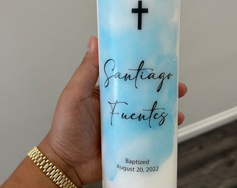 Personalized Baptism Candle, Boy, Girl Christening, Bautizo, Communion, Unity Custom Candle, 3x9 inches, blue sky candle
