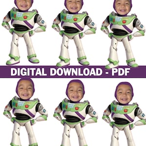 Op de afbeelding: Zes afbeeldingen van een kindergezicht dat is overgelegd op een Buzz Lightyear-kostuum. Het kostuum is wit, groen en paars. De tekst "DIGITALE DOWNLOAD - PDF" wordt weergegeven op een paarse banner.