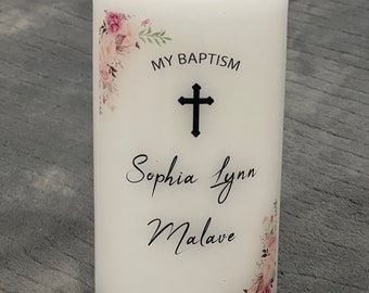 Personalized Baptism Candle, Girl Christening, Vela Para Bautizo, Communion, Reconciliation, Naming Day, Unity Custom Candle, pink flowers