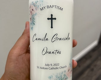 Personalized Baptism Candle, Girl Christening, Vela Para Bautizo, Communion, Reconciliation, Naming Day, Custom Candle, rustic pink flowers