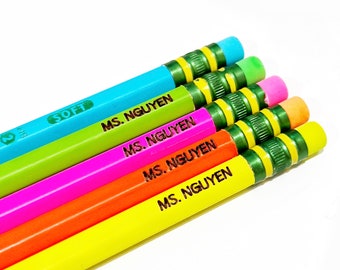 Personalized Pencils - Engraved Ticonderoga Pencils #2 Neon, Graphite, Single, 5, 10 or 12 pack, School Supplies, Teacher Gift, Party Favor