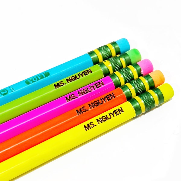 Personalized Pencils - Engraved Ticonderoga Pencils #2 Neon, Graphite, Single, 5, 10 or 12 pack, School Supplies, Teacher Gift, Party Favor