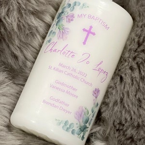 Personalized Baptism Candle, Boy, Girl Christening, Vela Para Bautizo, Communion, Reconciliation, Custom Candle,eucalyptus & purple flowers