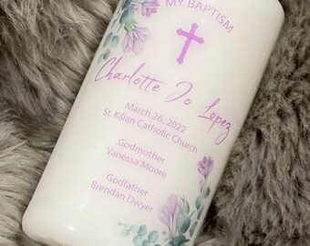 Personalized Baptism Candle, Boy, Girl Christening, Vela Para Bautizo, Communion, Reconciliation, Custom Candle,eucalyptus & purple flowers