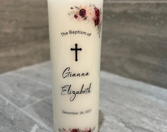 Personalized Baptism Candle, Boy, Girl Christening, Vela Para Bautizo, Communion, Unity Custom Candle, Flowers, 3x9 inches