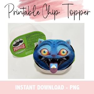 May include: A printable chip topper featuring a blue cat design, with the text "Printable Chip Topper" in a script font. A Pringles chip container is also visible.