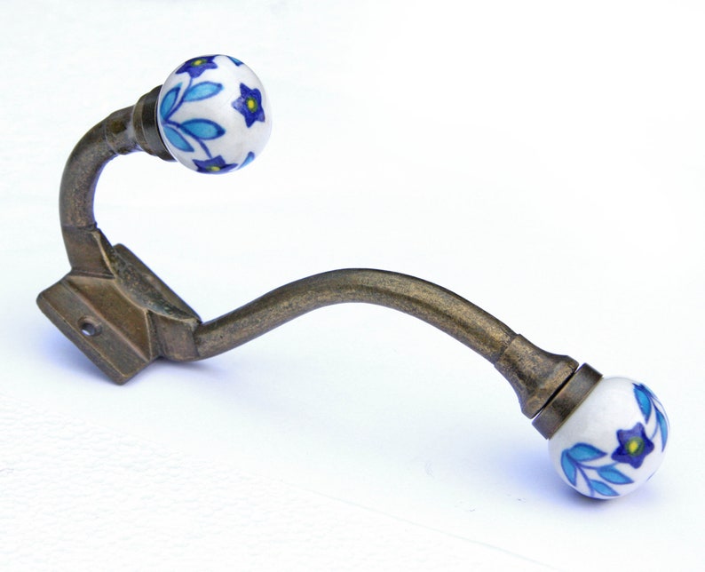 Blue Floral Wardrobe hook Entryway hooks with blue flowers Single Wall hooks in Vintage style Blue leaves