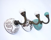 Petrol green Ceramic Wardrobe Hook with Floral decoration. Entryway hooks. Coat hooks. Hooks for children room.