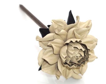 Flower hair stick, genuine leather ivory flower & natural wood hair fork, rose flower hair fork, handmade rose hair accessory jewelry