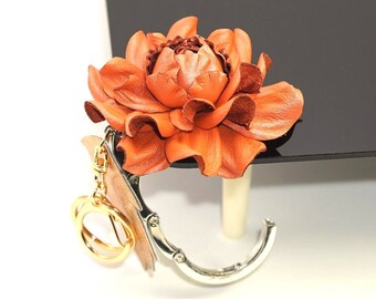 Leather Rose Purse Hanger: Pearly Orange Handbag Charm, Folding Table Hook