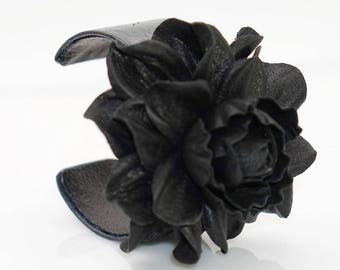 Genuine black leather rose cuff bracelet, flower real leather covered open end  cuff, Natural leather flower jewelry, snake leather bangle