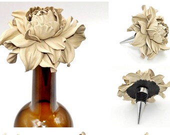 Best Gift Ever for Wine Lover! Flower Wine Bottle Stopper w/REAL Leather IVORY Rose, Designed Stopper Wedding Favor, Metal Wine Cork Topper