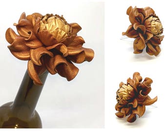 Best Gift Ever for Wine Lover! Flower Wine Bottle Stopper w/Leather Copper Gold Rose, Designed Stopper Wedding Favor, Metal Wine Cork Topper