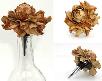 Best Gift Ever for Wine Lover! Flower Wine Bottle Stopper w/Leather Tan Print Rose, Designed Stopper Wedding Favor, Metal Wine Cork Topper