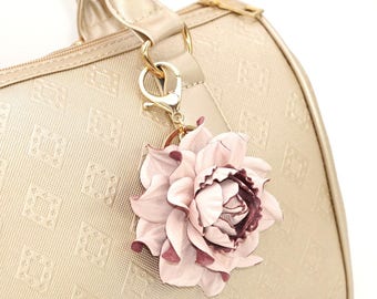 Bag Charm - Leather Flower Rose 3", Powder Pink Rose Purse Clip, Real Leather Bag  Rose Flower, Keychain Rose Clasp, Handbag Zipper Charm