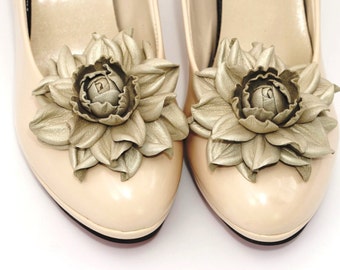 Leather Flower Shoe Clips: Goldish Beige Floral Shoe Jewelry