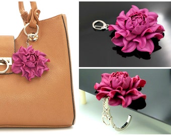 2 in 1 :  Purse Hanger Hook + Flower BAG CHARM | Real Leather Fuchsia Rose Handbag Charm Fob & Folding Table Purse Hook, silver keychain
