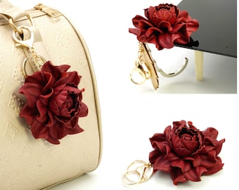 2 in 1 : Table BAG hanger hook + Flower BAG CHARM | Deep red purse pendant, handbag folding table holder hook, bag flower 3" gold hardware