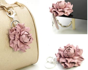 2 in 1 : Table BAG hanger hook + Flower BAG CHARM, Light pink rose purse pendant, handbag folding table holder hook|Purse flower 3.5" silver
