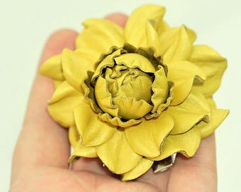 Genuine REAL light yellow leather flower hair clip, Rose 2.5" Alligator Hair Clip | Floral prong hair clip barette | Flower Hair Accessory