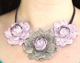 Statement GENUINE LEATHER light lilac & gray roses bib necklace collar, trendy real leather flower choker, floral rose collar necklace