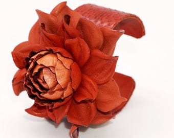 Terracotta Leather Flower Bracelet: Snakeskin Cuff, Adjustable Rose