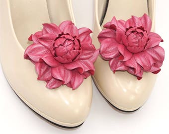 Shoe clips - Genuine Leather Flower SHOE CLIPS, pearly pink leather rose floral shoe decoration, pumps flowers, shoe jewelry, shoe jewellery