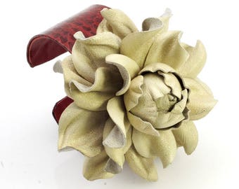 Genuine cold beige leather rose cuff bracelet, big flower, real deep red snakeskin covered open end  cuff,  unique leather flower bangle