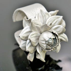 Metallic Silver Leather Rose Cuff Bracelet - Floral Jewelry