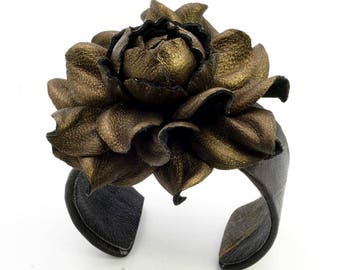 Antique Bronze Leather Flower Cuff Bracelet: Adjustable Open Bangle
