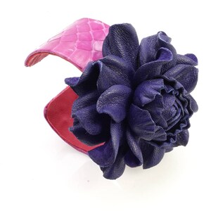 Leather Flower Cuff Bracelet: Sapphire Rose, Magenta Snakeskin