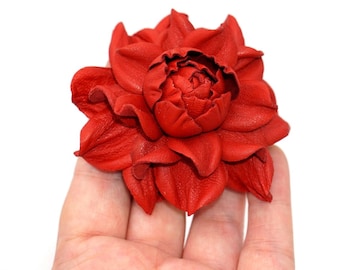 Genuine REAL bright red leather flower hair clip, Rose 2.5" Alligator Hair Clip | Floral prong hair clip barette | Flower Hair Accessory