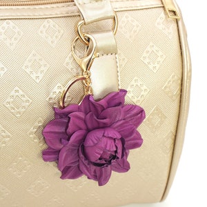 Bag Charm - Leather Flower Rose, Purple-Violet Rose Bag Clip, Real Leather Purse Charm, Flower Bag Clip, Key chain Clasp, Handbag Charm