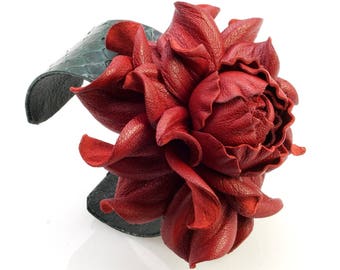 Rich red leather rose open end cuff bracelet|real red leather flower, deep green snakeskin-covered realistic flower snake skin cuff for her