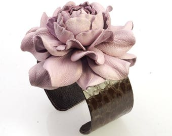 Light Pink Leather Flower Cuff, Snakeskin Bracelet