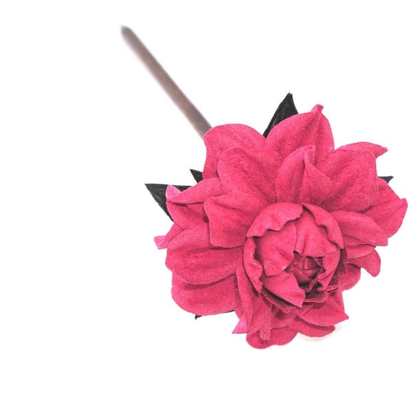 Véritable bâton de cheveux en bois de rose framboise chaude en daim, fourche à cheveux florale faite à la main, fleur de cheveux longs, pièce de cheveux, bijoux de cheveux, accessoire de cheveux