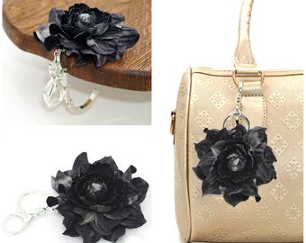 2in1:  Purse Hanger Hook + Black & Silver Flower BAG CHARM | Leather Black-Silver Handbag Charm, Folding Table Purse Hook Holder Hanger