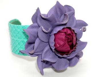 Stunning genuine violet leather flower, mint snake skin cuff, snakeskin covered metal based open end cuff bracelet with real leather rose