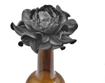 Best Gift Ever for Wine Lover! Flower Wine Bottle Stopper w/Leather Black Rose, Designed Stopper Wedding Favor, Metal Wine Cork Topper