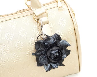 Bag Charm - Leather Flower Rose 3", Black & Silver Rose Bag Clip, Real Leather Purse Flower, Keychain Clasp, Handbag Zipper/Keychain Charm
