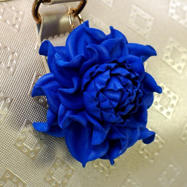 Bag Charm - Leather Flower Rose, Sapphire Blue Rose Bag Clip, Real Leather Purse Charm, Dark Blue Flower, Handbag Zipper Rose Keychain Clasp