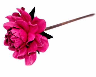 Genuine leather hot fuchsia rose wood hair stick, handmade floral rose hairfork, long hair flower, hair piece, hair jewelry, hair accessory